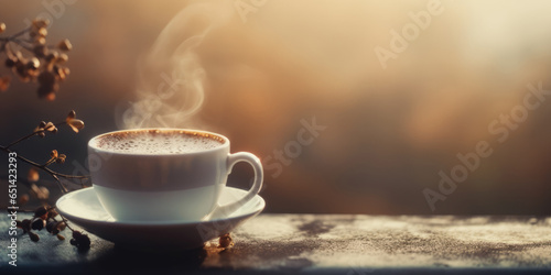 Cup of Coffee on a wooden Table on a Autumn blurred Background Outdoor, Copy space © maxa0109