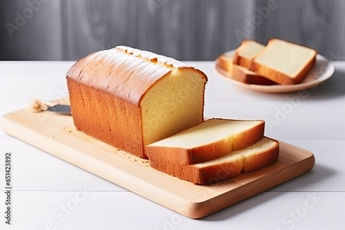 Sliced loaf cake on a wooden board