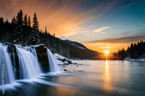waterfall in lake in mountains at sunset, waterfall background, waterfall wallpaper, tropical waterfall, waterfall wildlife