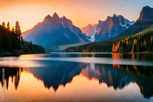 reflection in the lake, sunset over the lake in mountains