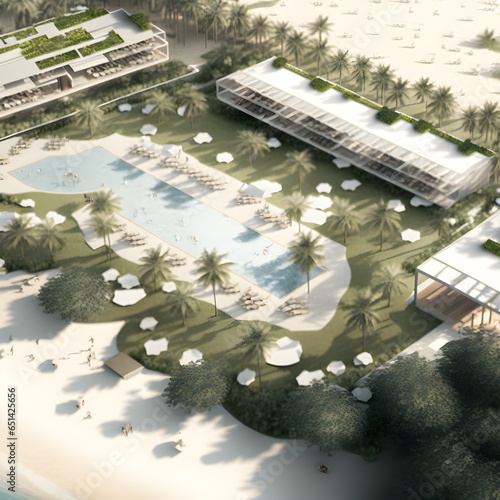 2D masterplan of beach resort with apartments and villas around a bay on a beach simple forms simple architecture innovation sustainable parametric greenhouses on roof concept art 8k vray render  photo