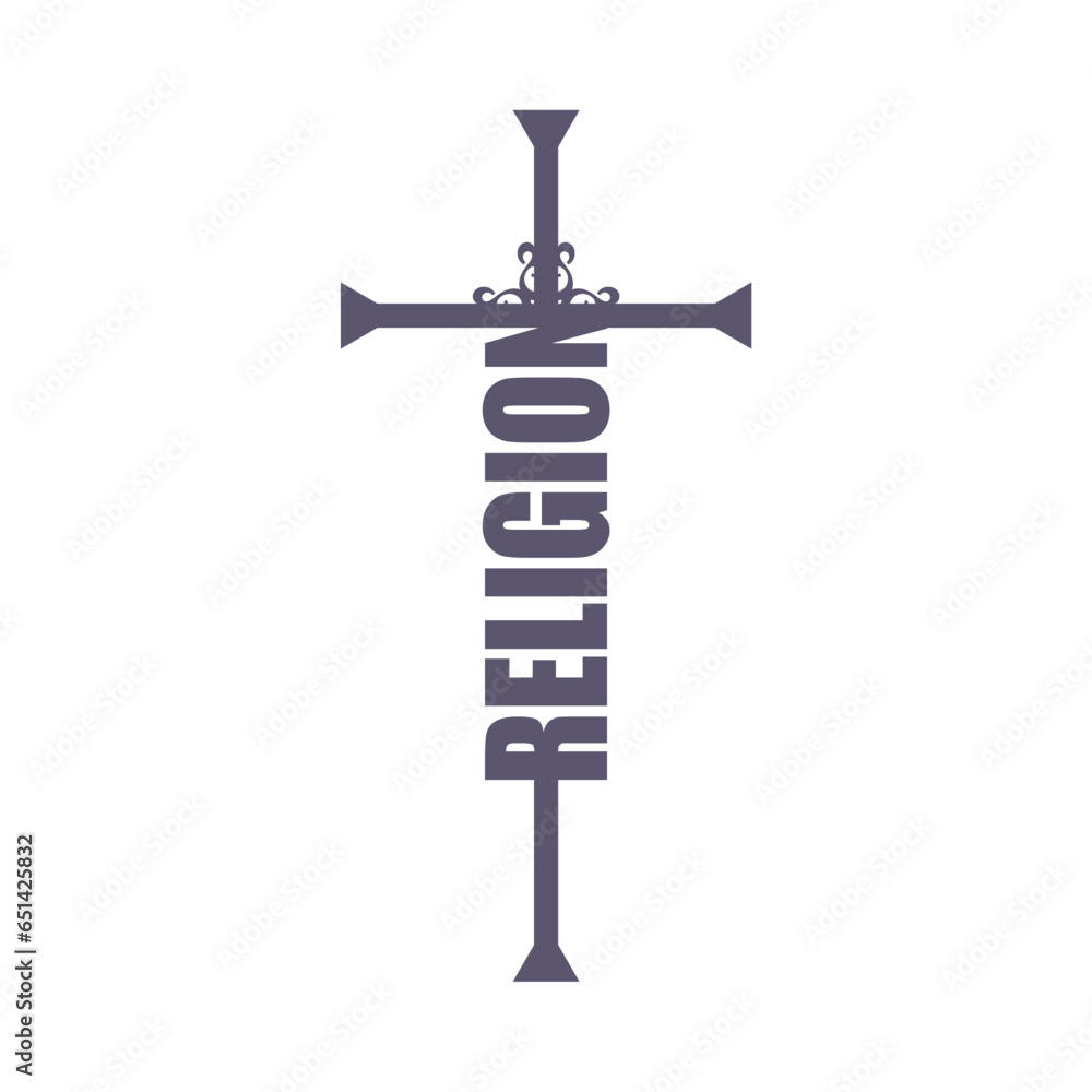 Religion word in the shape of a cross. Christian, religious and churh typography concept. Design with christian icon religion. Religion word in the shape of a cross. Christian, religious and churh typography concept. Design with christian icon religion.
