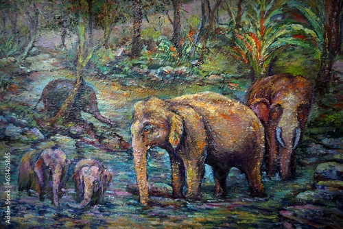 Art painting Oil color thai Elephant in forest