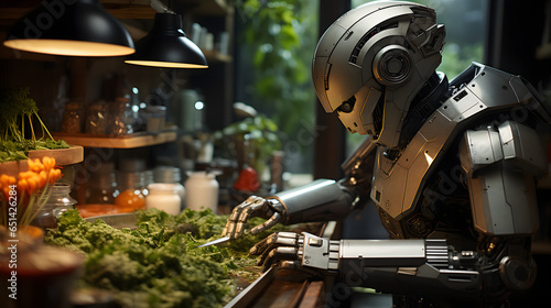 Humanoid robot cooking dishes in home or restaurant kitchen. Replacing human labor with robotics. Future concept with smart robotics and artificial intelligence photo