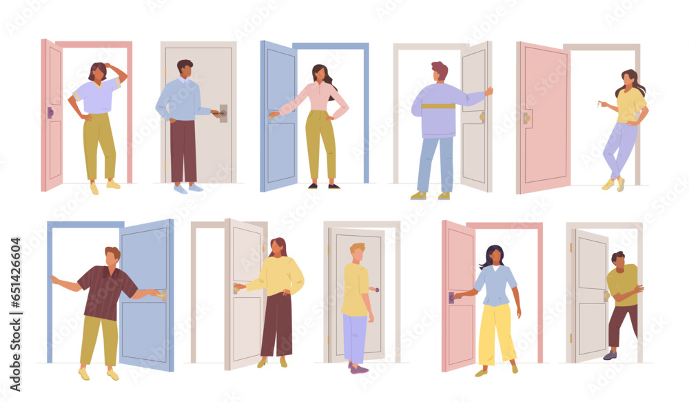 people open doors. entry or exit peeking, different dressed characters open and close doors. vector cartoon illustration. people open doors. entry or exit peeking, different dressed characters open and close doors. vector cartoon illustration.