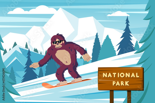 bigfoot skiing. cartoon biology ancient gorilla yeti in winter skiing in the himalaya mountains, neanderthal bigfoot monkey. vector cartoon flat charcters.