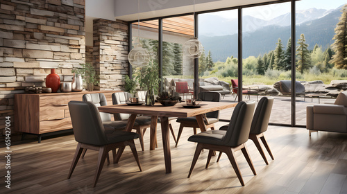Interior design of modern dining room  dining table and wooden chairs. 3d rendering