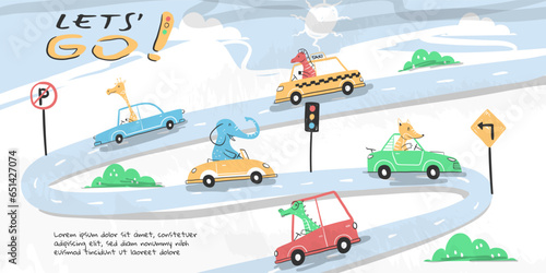 vector illustration cute animals driving car.