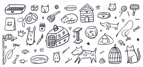 Vector collection of objects for pets hand-drawn in the style of a doodle.