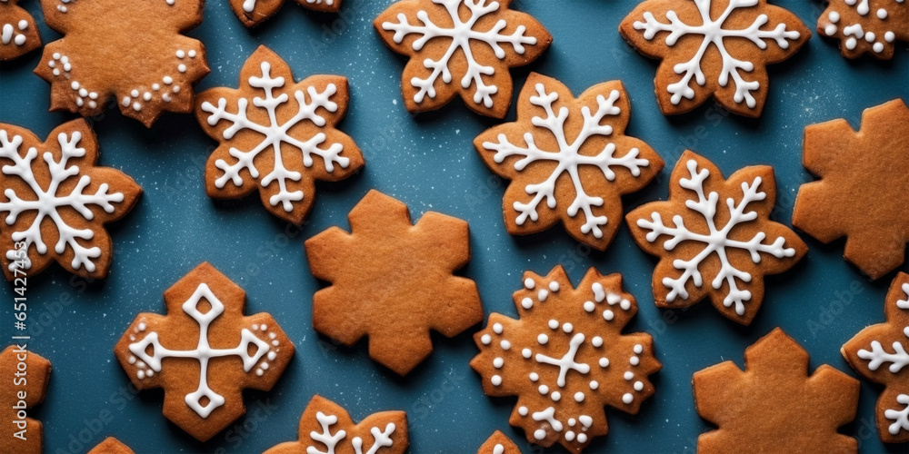 Snowflake shaped Christmas cookies with icing on blue background Snowflake shaped Christmas cookies with icing on blue background