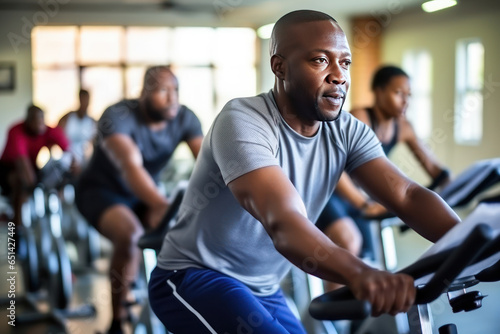 Group of African American men during cycling workout. Group fitness classes on exercise bikes. Workouts for any age. Be healthy in any age. Photo against a bright  gym studio background.