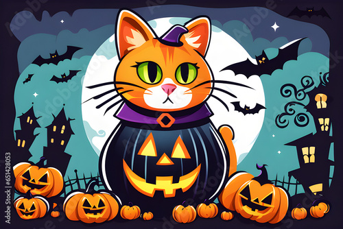 A cat with Halloween background. Generative AI
