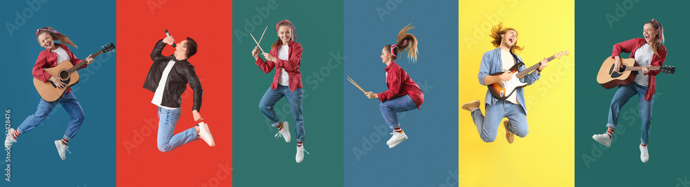 Set of people playing musical instruments and singing on color background