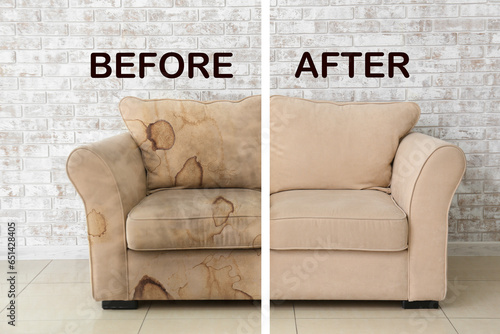 Beige sofa before and after dry-cleaning in room photo