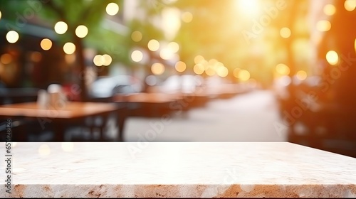 empty table and blur background of street cafe with bokeh light, Advertisement, Print media, Illustration, Banner, for website, copy space, for word, template, presentation.