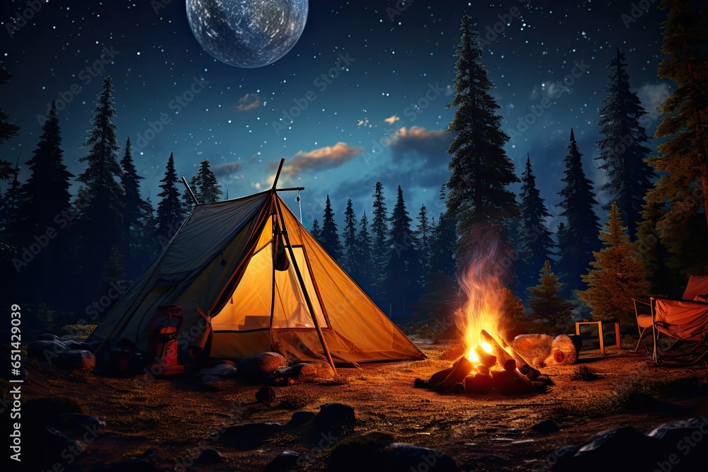 tent in the forest and a fire under the stars - obrazy, fototapety, plakaty 
