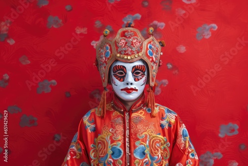 Asia man at festival wearing traditional Chinese masked costume, in Chinese new year festival , copy space ,Generative AI