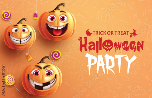 Halloween party text vector design. Halloween trick or treat invitation card with pumpkins smiling character elements in orange background. Vector illustration kids trick or treat party invitation 