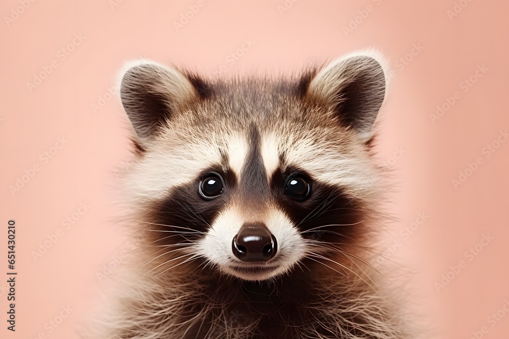 Portrait of cute funny raccoon on a pastel background.