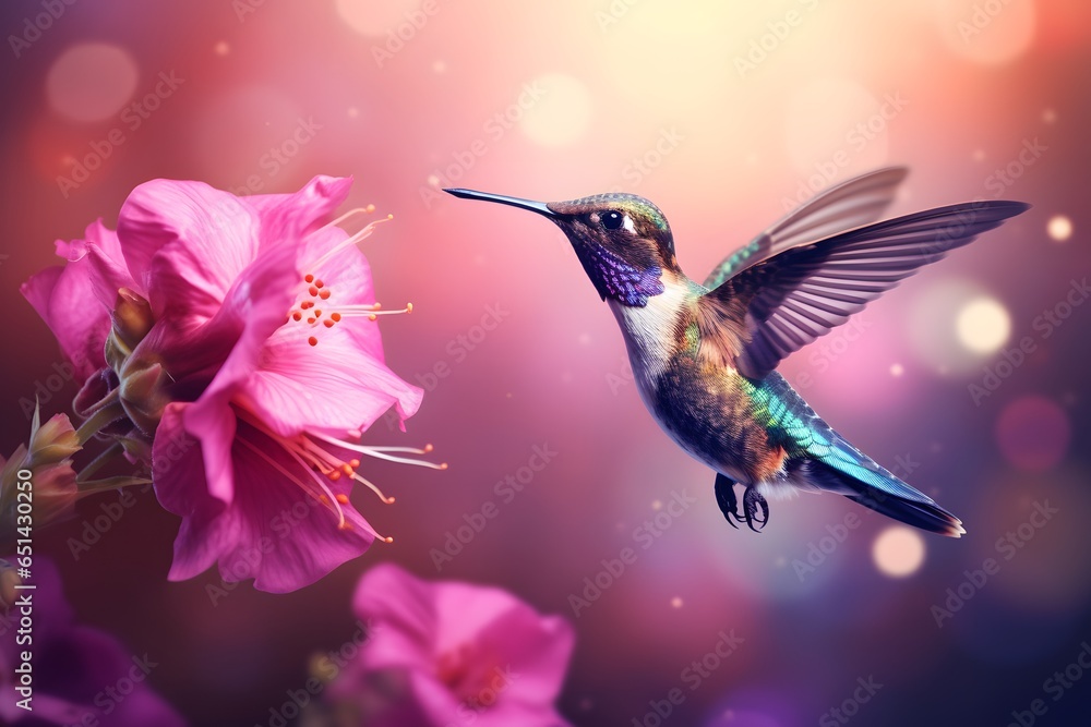 Fototapeta premium Hummingbird flying next to flower. Natural background.