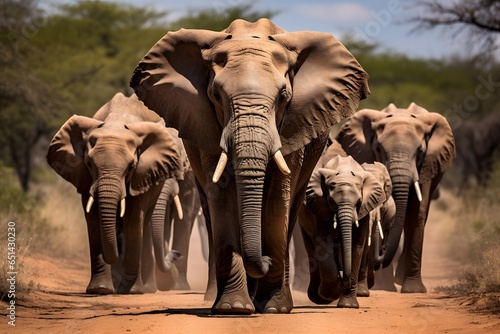 Herd of elephants walking in brown grass.