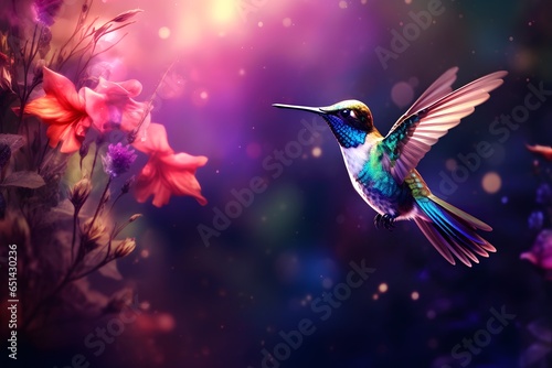 Hummingbird flying next to flower. Natural background. © Pacharee