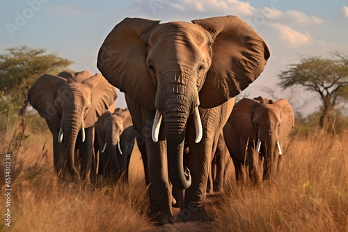 Herd of elephants walking in brown grass.