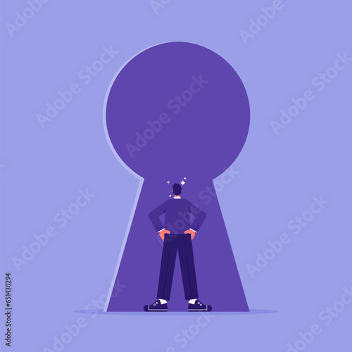 Insider business concept, businessman stands in the keyhole and looks inside, information about a important company or organization data, that is known only to the employees of the company and not to 