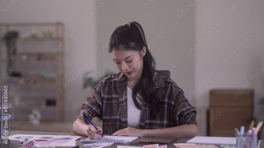 Young Asian female graphic designer at desk sketching or drawing design on white notebook at workshop. Young Asian female graphic designer at desk sketching or drawing design on white notebook at workshop.