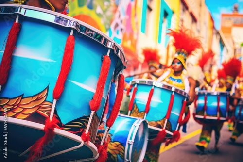 Carnival music played on drums by colorfully dressed musicians ,Generative AI photo