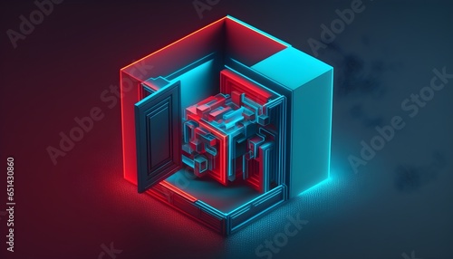 3D neon isometric cyan blue and red box 