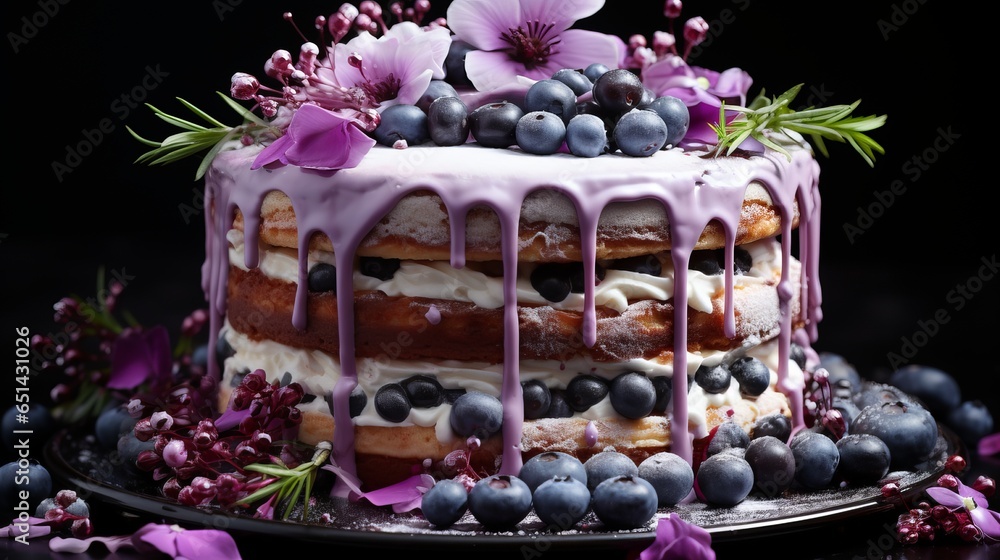 Tempting baked blueberry cake with fresh fruits on a black background.