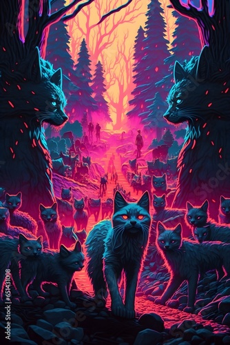 primordial forest full of armies of forestlings superimposed with mountains of cats in the neon spirit © Gladys
