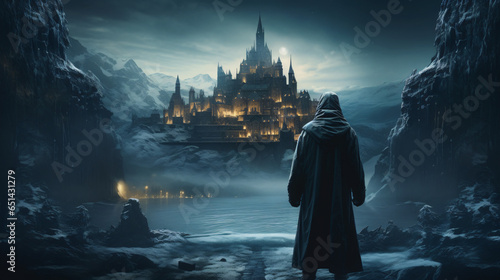 Hooded man looking at the fantasy landscape castle