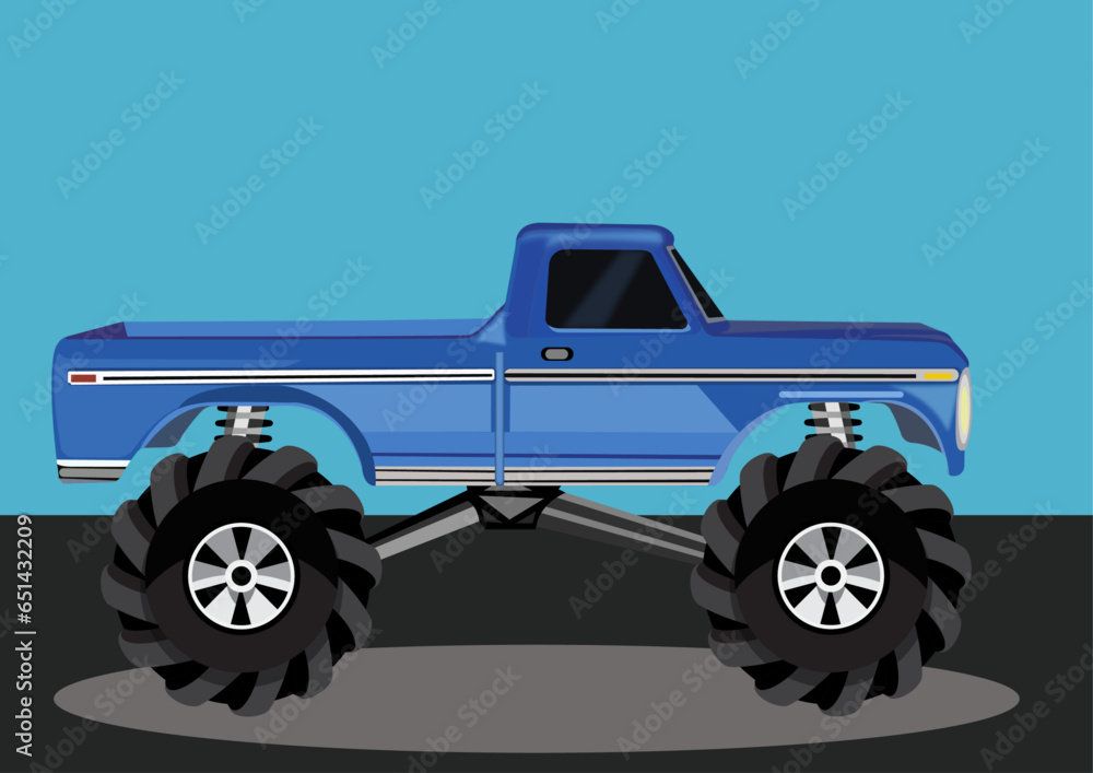 Flat vector illustration of blue color Monster truck on light blue color background.
