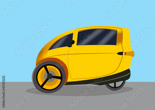 Flat vector illustration of yellow color Veemo Velomobile on blue background.
 photo