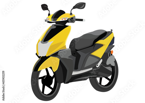Vector illustration of front view of stylish yellow and black color combination 125cc scooter with bluetooth.
 photo