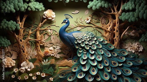 Peacock on branch wallpaper. colorful flowers trees 3d mural background. wall canvas poster art
