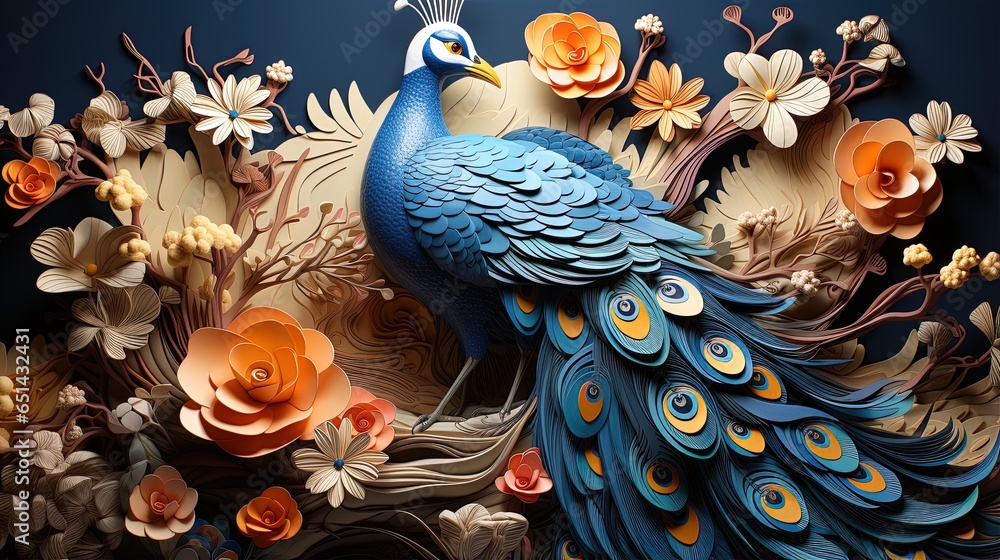 Cute peacock wallpaper. colorful flowers 3d mural background. wall canvas poster art
