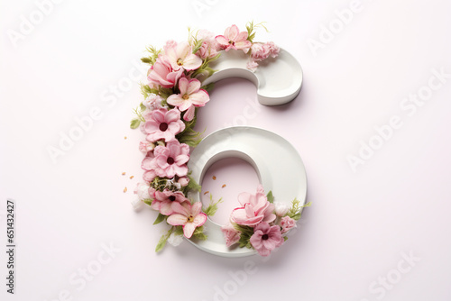 The number six with flowers on a neutral background.
