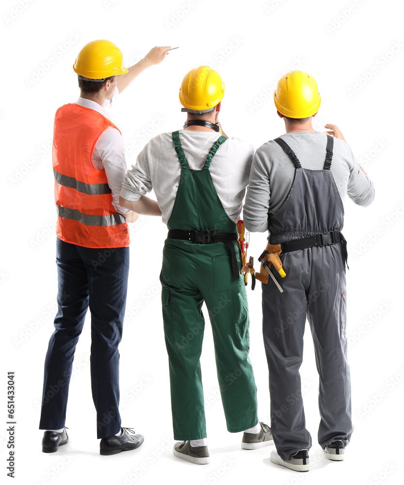 Team of male builders on white background, back view Team of male builders on white background, back view