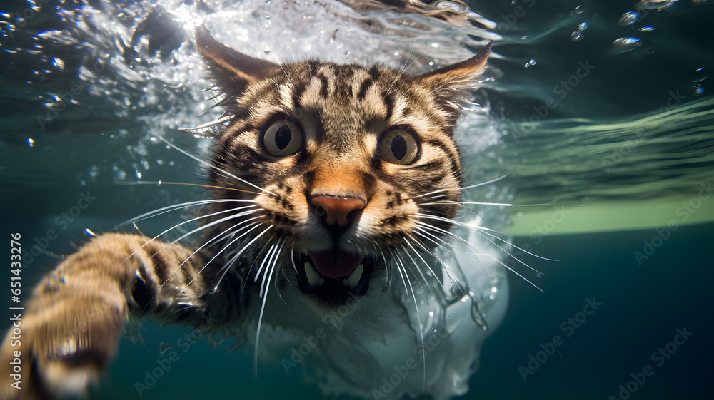 Gato doméstico bajo el agua - obrazy, fototapety, plakaty 