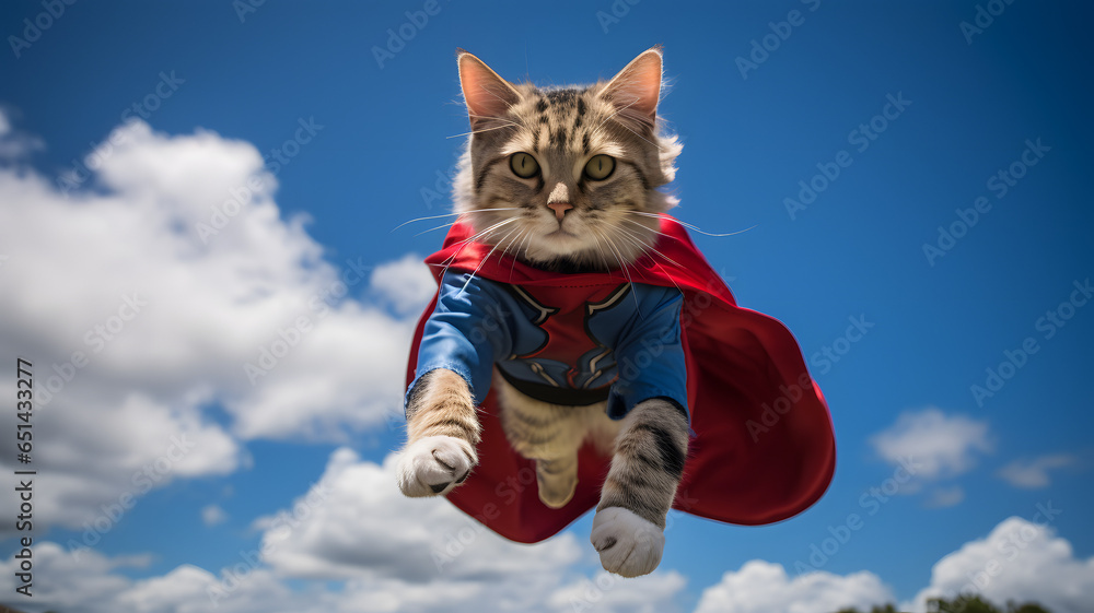 Obraz premium gato vestido de super héroe volando a lo super mán 