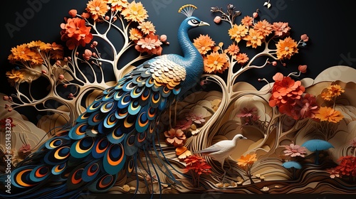 A peacock made by quilling papers, simple color, 3D, This wallpaper is suitable for interior mural painting wall art decor, 3D background.

