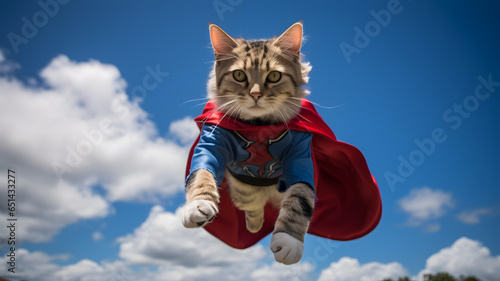 gato vestido de super héroe volando a lo super mán 