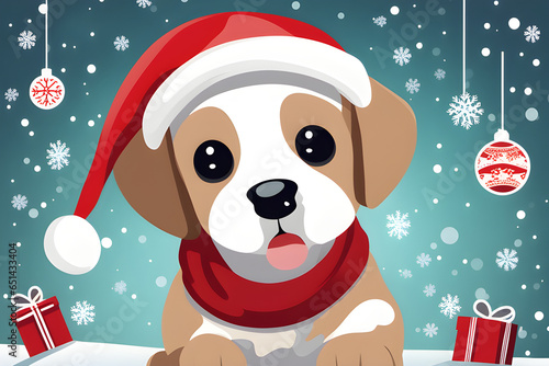 A puppy wearing Christmas hat.  Generative AI