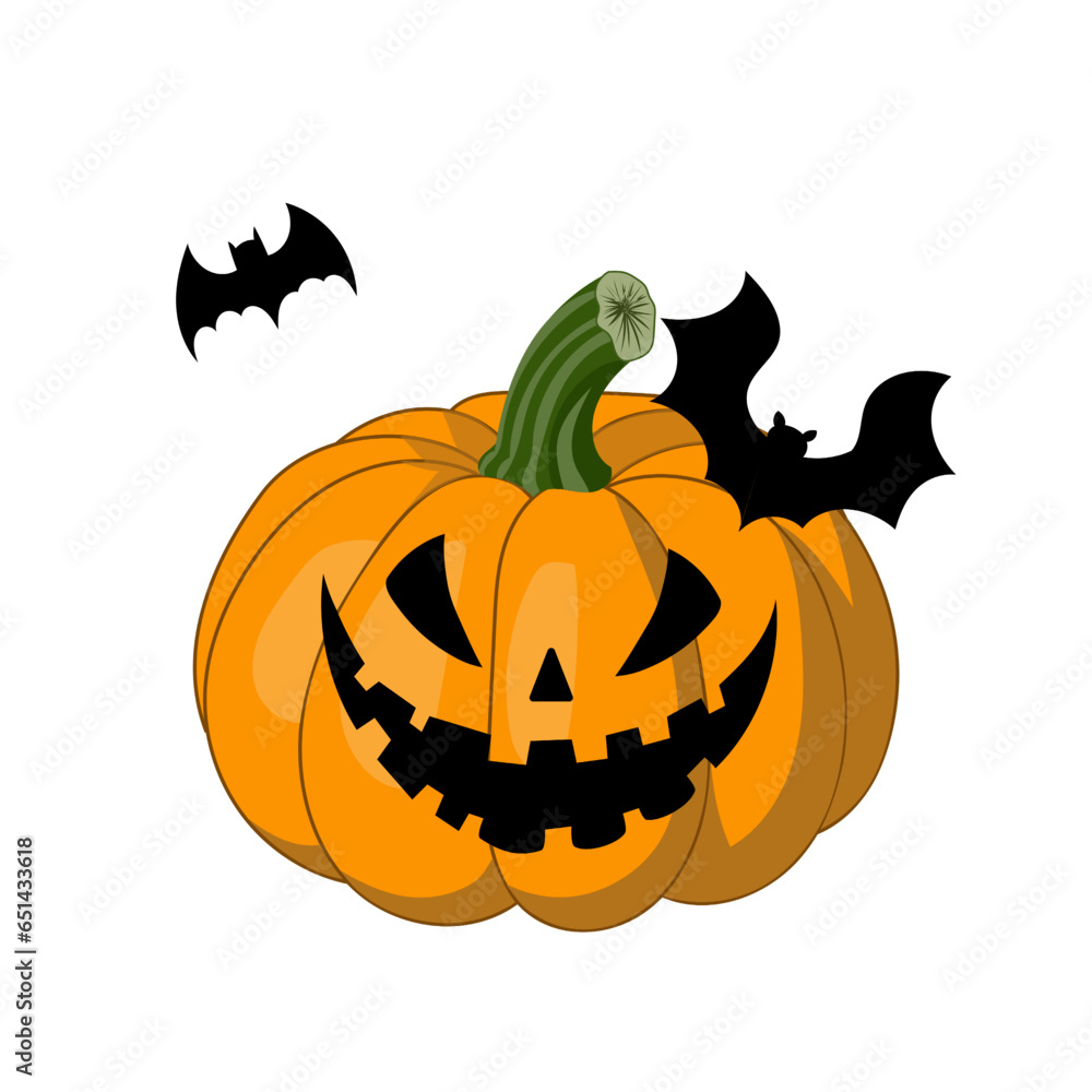 Fototapeta premium Pumpkin smile with bats on white background,symbol of Halloween holiday, vector illustration.