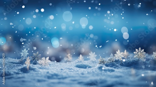 Magical winter background close up snow on blue sky cold backdrop for Christmas