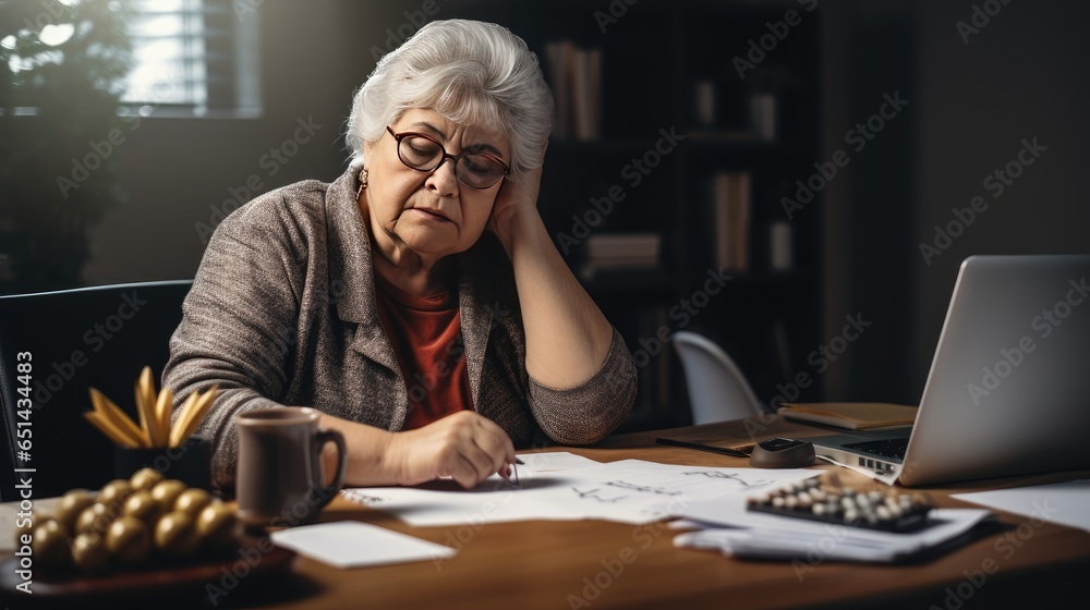 Elderly woman sitting thinking using laptop and writing in notebook at home table Study the concept of formula Elderly woman sitting thinking using laptop and writing in notebook at home table Study the concept of formula