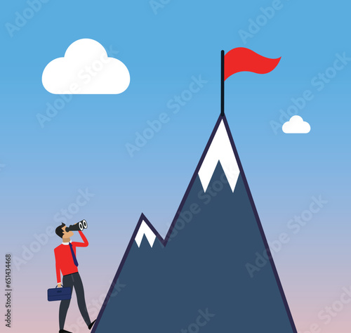 Business man looking on mountain to achieve success, character start working concept
